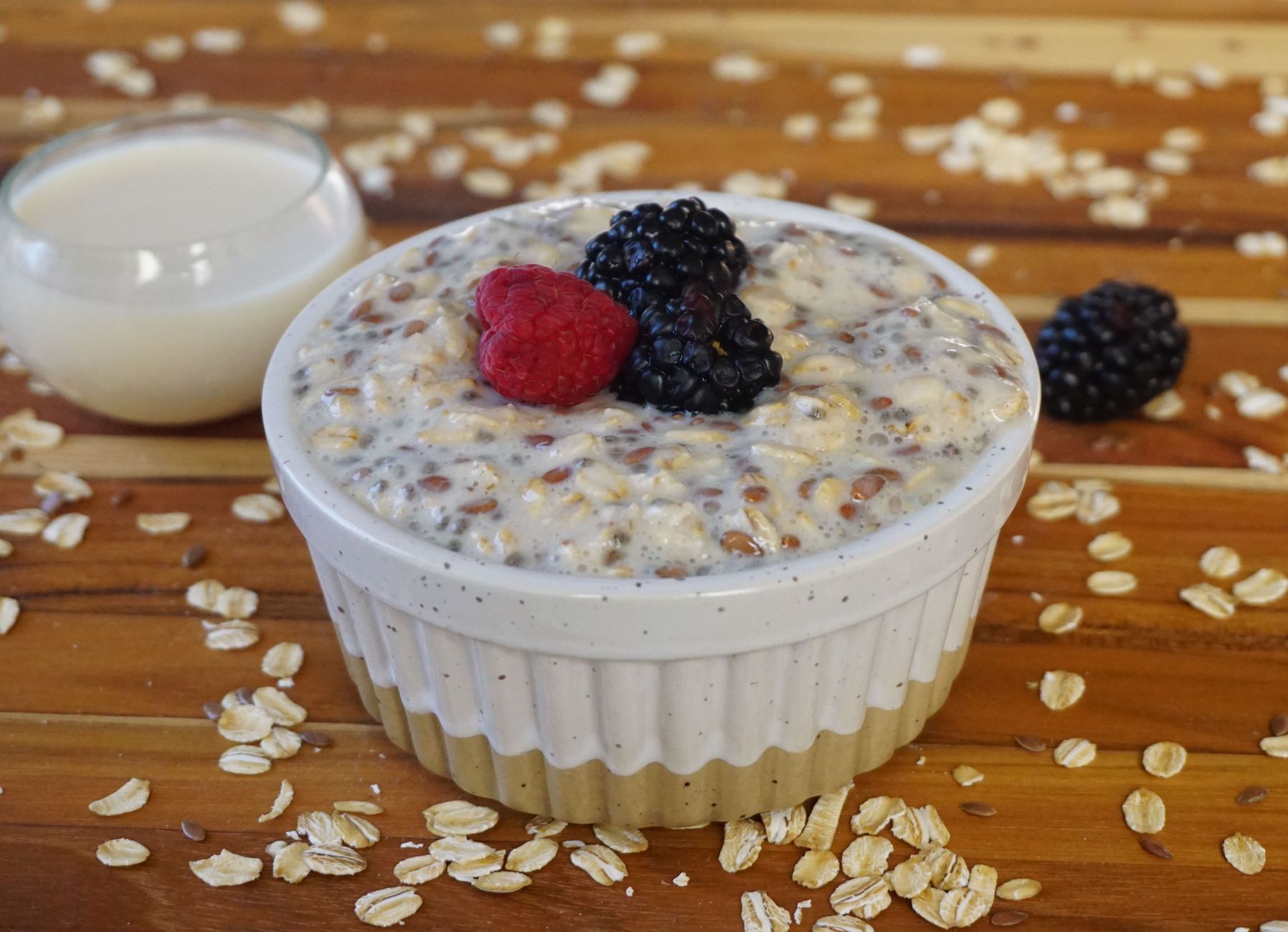 Overnight oats with berries, seeds and Greek yoghurt